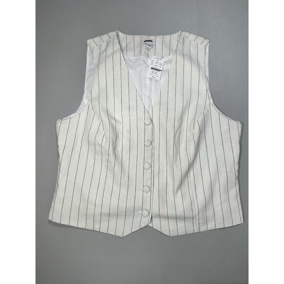 J Crew Striped Linen Lined Vest Womens 14 Ivory Camel Tailored Button Up V Neck - Picture 1 of 8